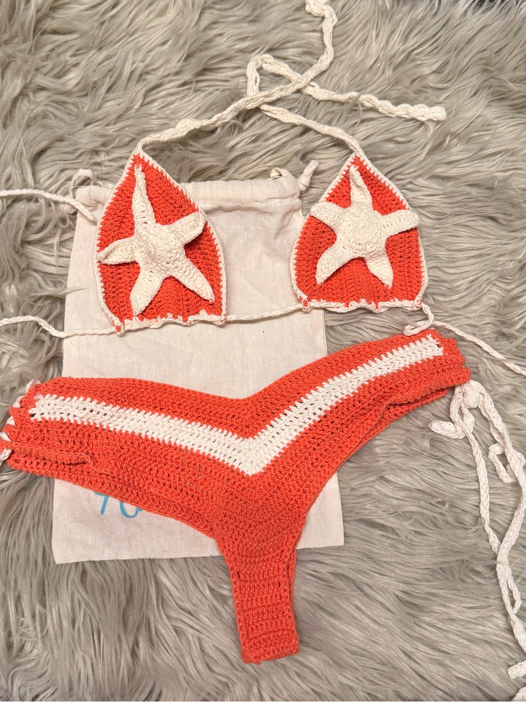 Hand-Crocheted Starfish Bikini Set In Coral & Cream